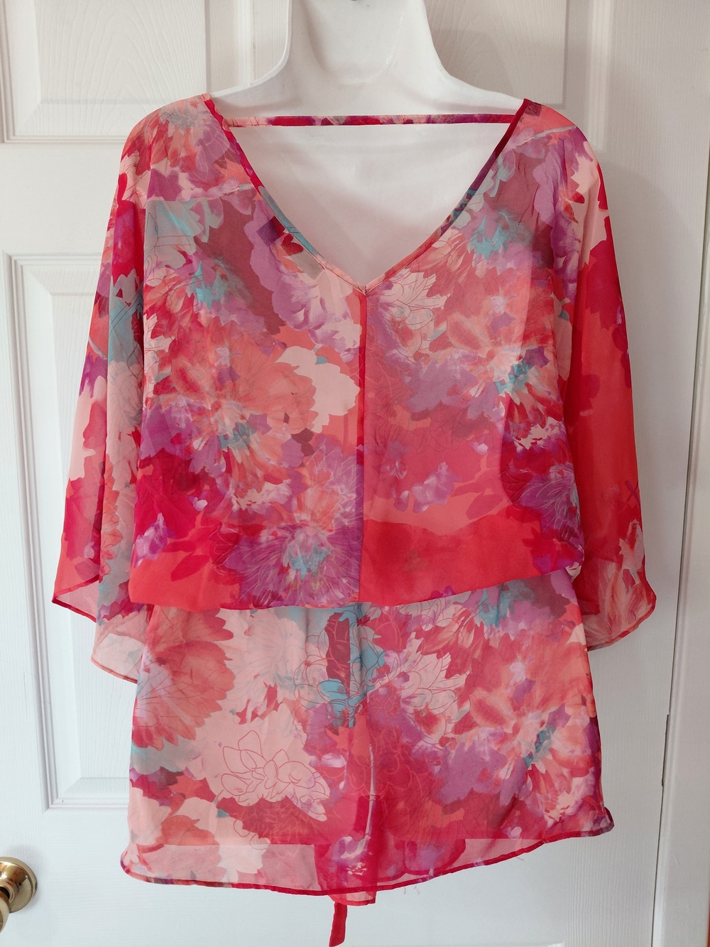 a.n.a Plus Size 2X Floral Tie-Waist Sheer Blouse in Pink and Coral Kimono Sleev - Picture 4 of 8